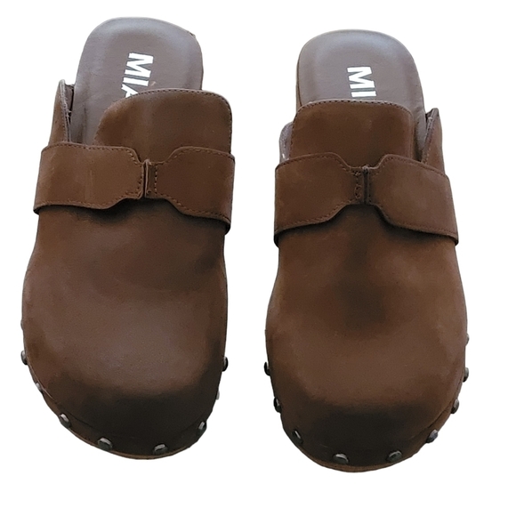 MIA Daisy Heel Clogs Brown Studs Wood Suede Slip On Vegan Leather 70s Y2K NEW - Picture 11 of 16